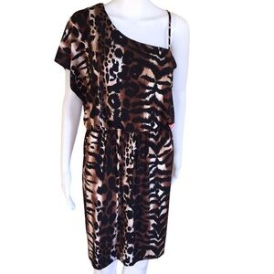 NWT ENFOCUS STUDIO Animal Print One Shoulder Dress With Ruched Waist Brown Large